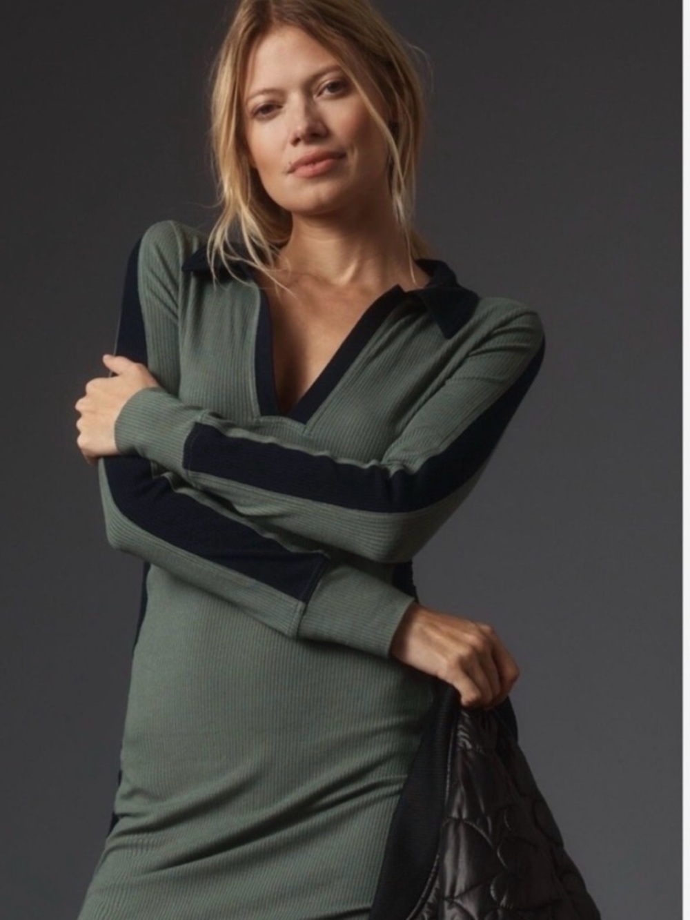 Anthropologie Daily Practice ribbed colorblock polo midi dress XXS Green